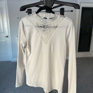 Elegant Lace-Trimmed Cream White Long Sleeve Top B.young